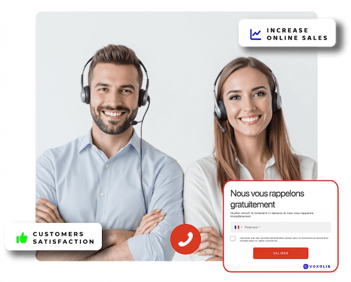 VoxoLib web callback widget on a website, with two advisers ready to call back
