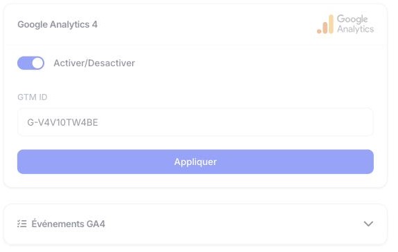 Réglage Google Analytics 4 du widget Web Callback VoxoLib : interrupteur activé, identifiant de mesure saisi et bouton Appliquer